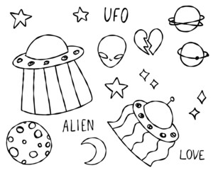 Doodle line ufo stars text aliens. Sketch set cute isolated collection cosmos.