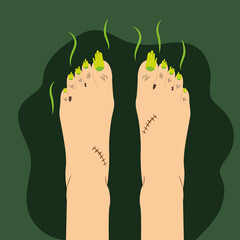 Vector illustration. Ugly feet. Smelly feet. Long toe nails. Dirty feet. 