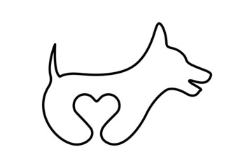 Dog vector outline with heart illustration. Cute dog line art icon illustration. 