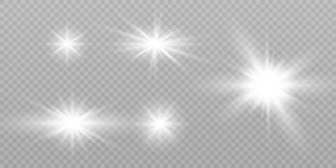 Set of vector glowing explosion light effects with glitter on transparent background.	
