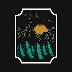 Poster with mountains and Christmas trees in vintage style. Hand-drawn flat vector illustration.