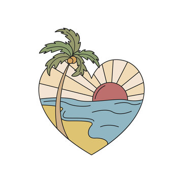 Badge with sea, sun and palm tree in the shape of a heart. Hand-drawn flat vector illustration.