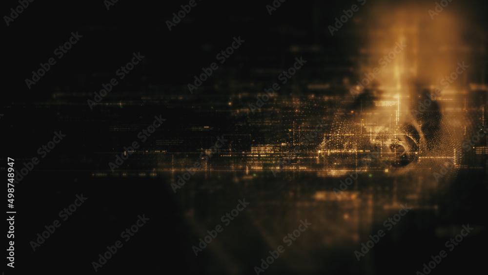 Leinwandbilder Futuristic abstract de-focus flowing data matrix, telemetry and encrypt numbers display with particles simulation in cyber space environment for head up display background