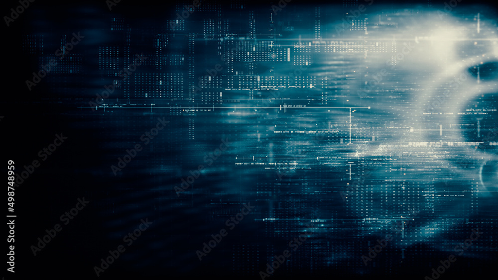 Aufkleber Futuristic abstract de-focus flowing data matrix, telemetry and encrypt numbers display with particles simulation in cyber space environment for head up display background