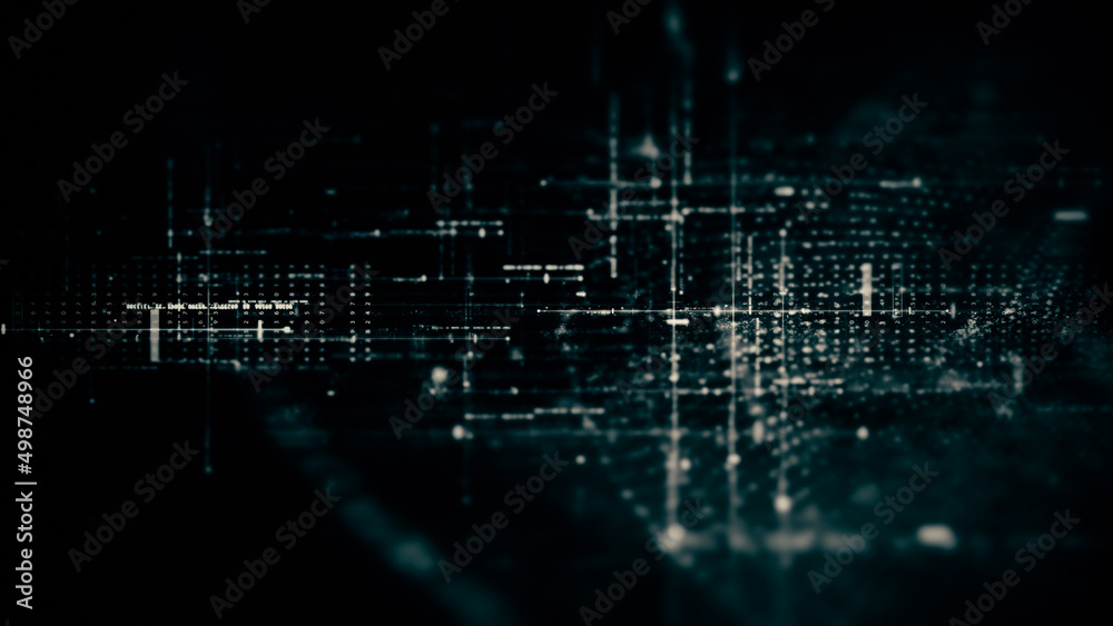 Leinwandbilder Futuristic abstract de-focus flowing data matrix, telemetry and encrypt numbers display with particles simulation in cyber space environment for head up display background
