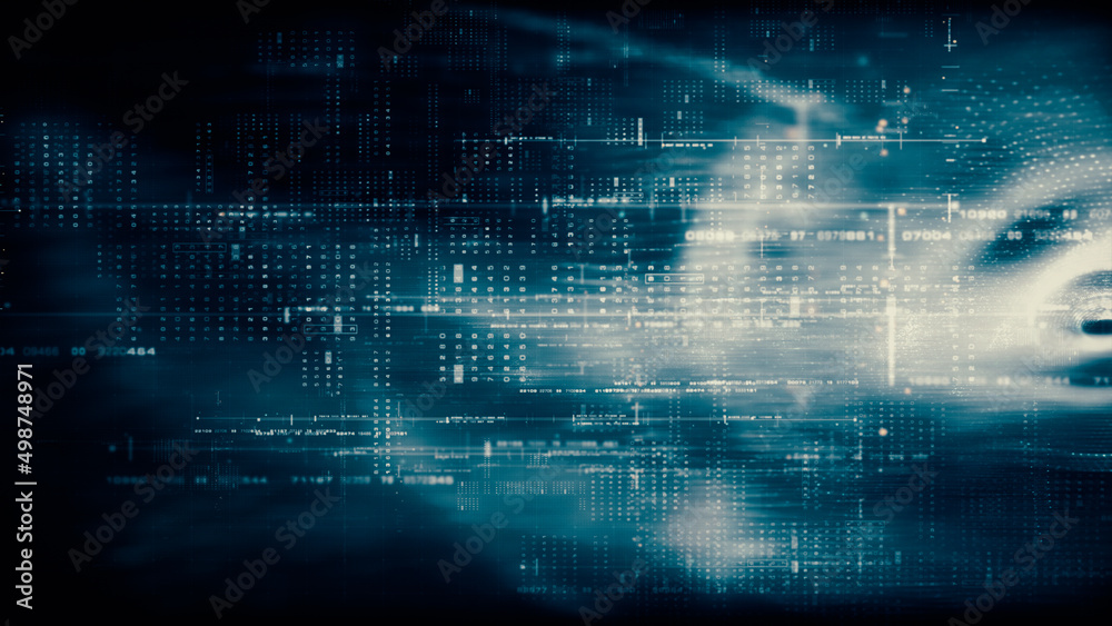 Leinwandbilder Futuristic abstract de-focus flowing data matrix, telemetry and encrypt numbers display with particles simulation in cyber space environment for head up display background