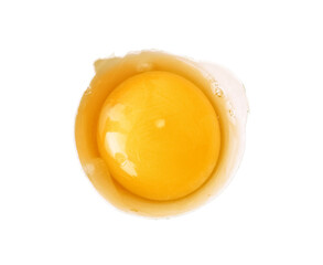 Raw egg yolk in shell isolated on white background
