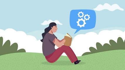 young student girl seated reading book with gears in the camp