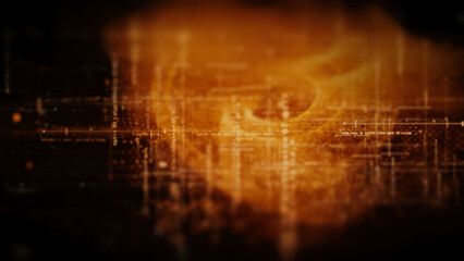 Futuristic abstract de-focus flowing data matrix, telemetry and encrypt numbers display with particles simulation in cyber space environment for head up display background