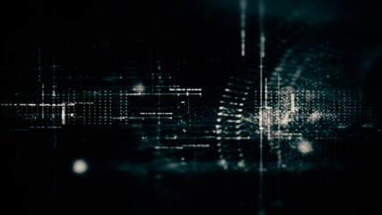 Futuristic abstract de-focus flowing data matrix, telemetry and encrypt numbers display with particles simulation in cyber space environment for head up display background