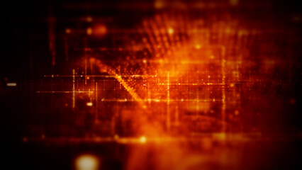 Futuristic abstract de-focus flowing data matrix, telemetry and encrypt numbers display with particles simulation in cyber space environment for head up display background