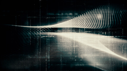 Futuristic abstract de-focus flowing data matrix, telemetry and encrypt numbers display with particles simulation in cyber space environment for head up display background