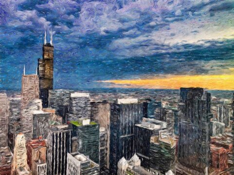 Real painting modern artistic artwork Chicago USA drawing in oil city center skyscrapers and architecture, America travel downtown, wall art print for canvas or paper poster, tourism production design
