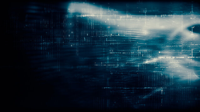 Futuristic abstract de-focus flowing data matrix, telemetry and encrypt numbers display with particles simulation in cyber space environment for head up display background