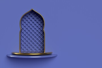 Islamic 3d rendering scene with arabic style pattern window on the glossy shelf. Eid Mubarak and Ramadan Kareem.