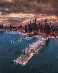 Naklejka premium Real painting modern artistic artwork Chicago USA drawing in oil city center skyscrapers and architecture, America travel downtown, wall art print for canvas or paper poster, tourism production design