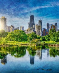 Fototapeta premium Real painting modern artistic artwork Chicago USA drawing in oil city center skyscrapers and architecture, America travel downtown, wall art print for canvas or paper poster, tourism production design