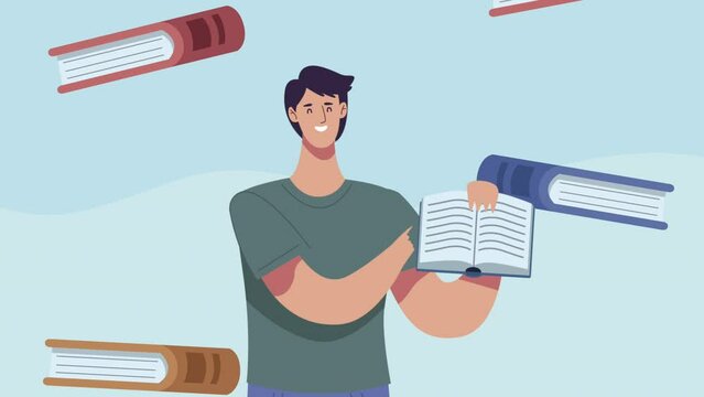 young student boy with books pattern