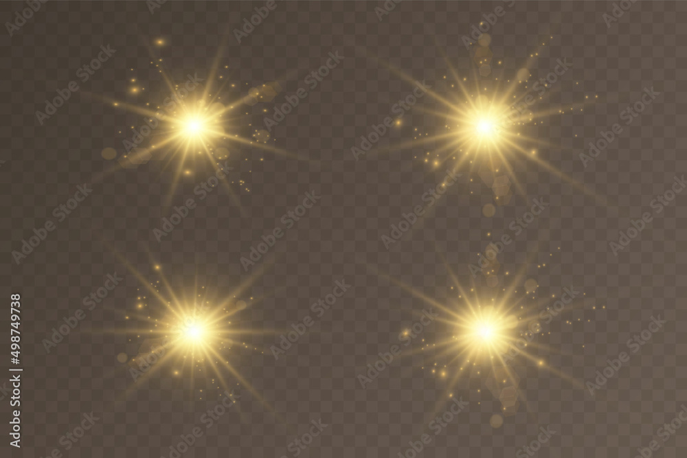 Poster set of golden glowing lights effects on transparent background. sun flare with rays and spotlight. g