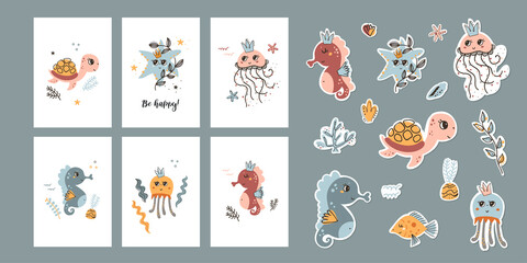 Set of posters with motivational phrases, stickers with sea animals