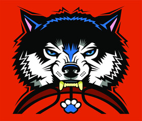 mean wolf mascot biting basketball for school, college or league