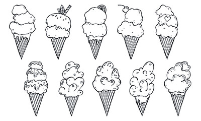 Vector set of hand drawn ice cream illustration isolated on white backgrounds. Cute dessert clipart. For print, web, design, decor, logo.