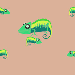 Horizontal stylized colored chameleons. Hand drawn.