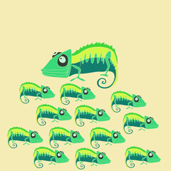 Stylized colored chameleons. Hand drawn.