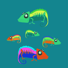 Stylized colored chameleons. Hand drawn.