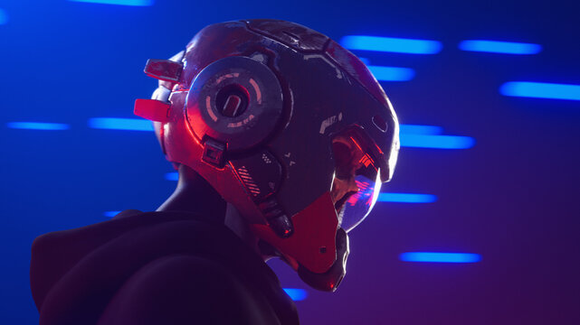 Portrait of a cyberpunk character with a human skull in sci-fi orange blue helmet, black hoodie. Cyberspace Augmented Reality. 3d render of a night dark blue background with glowing neon speed stripes