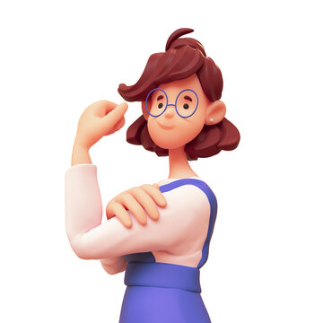 Portrait of casual kawaii funny smiling brunette girl in glasses wears blue overalls shows powerful muscle on her arm, posing making strong gesture. We Can Do It. 3d render isolated on white backdrop.