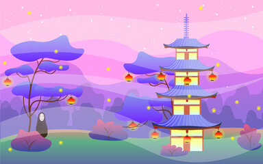 Chinese pagoda with lanterns and a ghost. Beautiful Asian landscape with ancient ruins. Blooming sakura with forest.