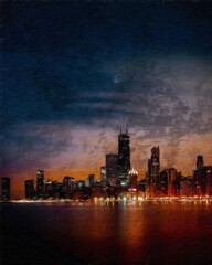 Obraz premium Real painting modern artistic artwork Chicago USA drawing in oil city center skyscrapers and architecture, America travel downtown, wall art print for canvas or paper poster, tourism production design