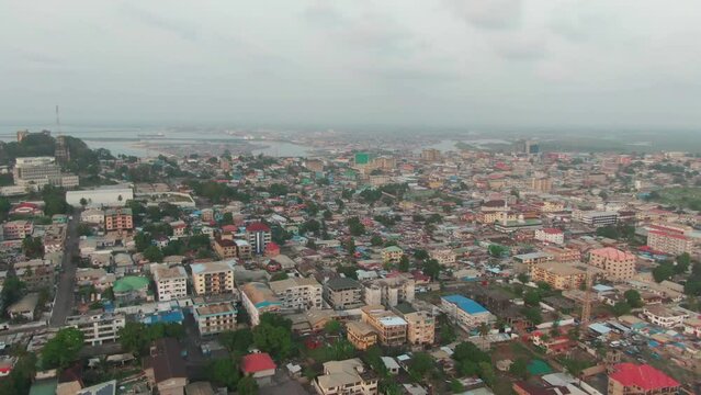 Aerial drone shot of the cityscape of Monrovia - the capital of Liberia
