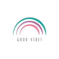 Good vibes only lettering card vector illustration. Quote with inspirational emphasize in colorful style and rainbow on purple background flat style. Female t-shirt design concept	
