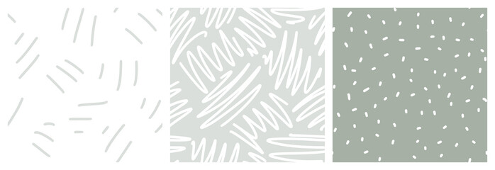 Scribble, hand drawn strokes seamless pattern. Scrawl and tiny spot marks in natural greyish green tones. 