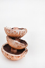 Portobello mushrooms stacked on and isolated on a white background with copy space