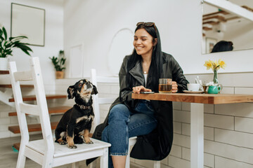 An optimistic woman in a gray suit smiles and plays with a dog in a cafe. Pretty woman in stylish coat posing - 498752149