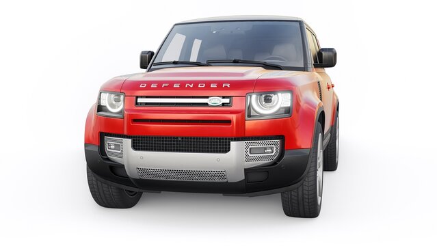 Tula, Russia. February 16, 2022: Land Rover Defender 2020. Red Expedition SUV for rural areas and outdoor activities. 3d render
