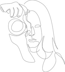Vector illustration of thirty five women with single line style camera. portrait