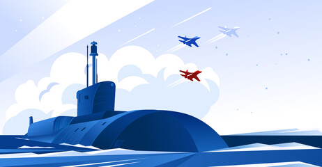 Russian strategic nuclear missile submarine card. May 9 Victory Day. Vector illustration - 498752562