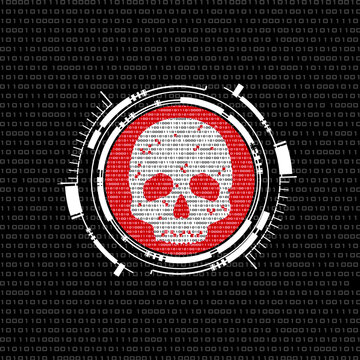Pirate skull, hacking, system breach, virus, malware with binary code background. Email fraud, e-mail spam, phishing scam, hacker attack concept.