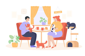 Adorable scene at cat cafe with couple sitting at table. Happy young woman and man fondling kittens on lap flat vector illustration. Domestic animals concept for banner, website design or landing page