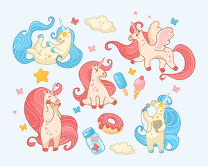 Cute happy unicorns cartoon illustration set. Beautiful and adorable pink and blue magic characters with stars, flowers, donuts and flowers singing, lying and flying. Fantasy, fairy tale concept