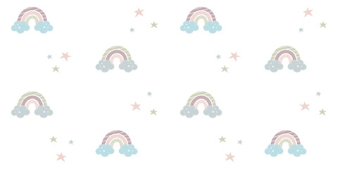Rainbow with textile texture, clouds and stars on a white. Vector seamless pattern for kids wallpaper, cover, wrapping paper, packaging, surface texture, nursery room, printing on textile and clothes