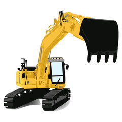Vector flat style illustration of the yelow excavator isolated on white background. Construction machinery 