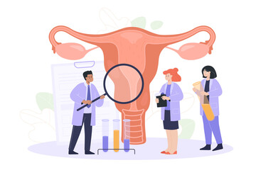 Tiny doctors examining uterus with magnifier. Endometriosis, vaginal disease or infertility treatment flat vector illustration. Health, medicine concept for banner, website design or landing web page