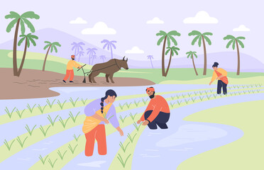 Indian village landscape with happy farmers working. Paddy field, farm with palm trees, cartoon men and women standing in water flat vector illustration. Agriculture, farming, India concept for banner