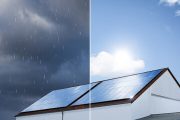 Split view of solar panels on a roof in rainy and sunny weather