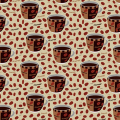 A set of vector seamless pattern of mugs and coffee beans on a background. The coffee concept.